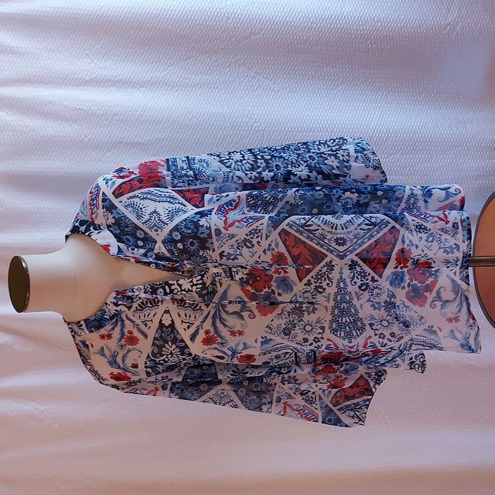 Chico's Women's Top Peasant Oversized Floral Sheer Cover Up Red Blue White 3/XL